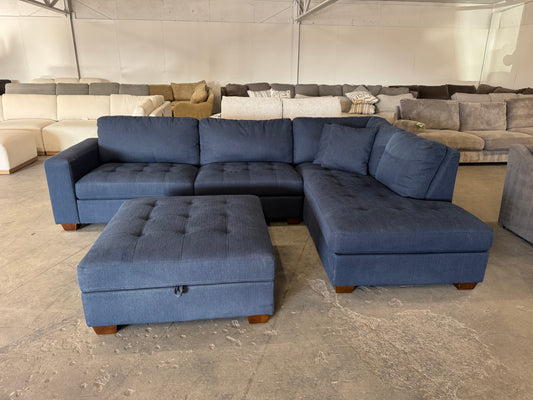 Blue L Shape Sectional with Storage Ottoman
