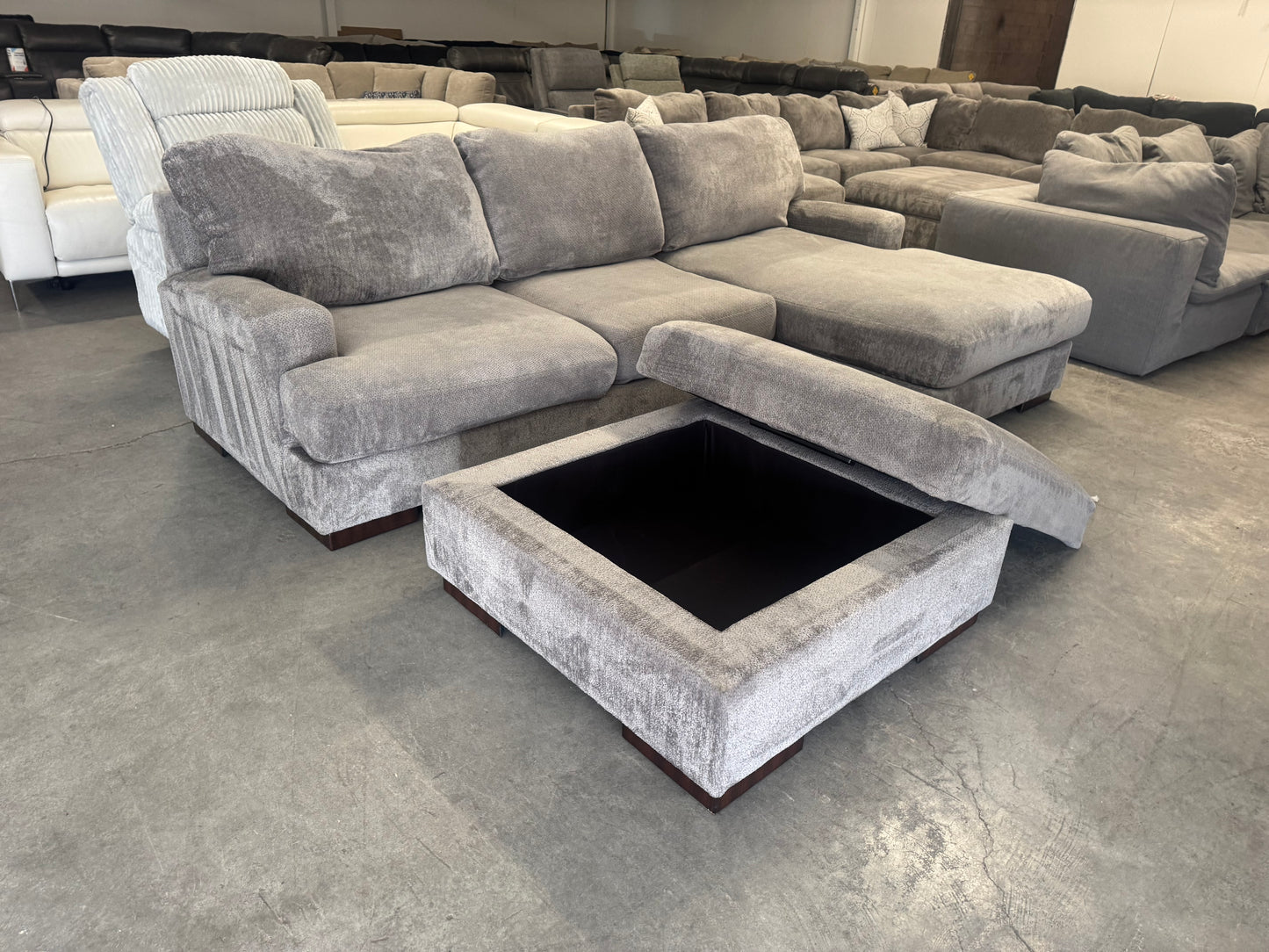 Plush Gray L-Shape Sectional with Storage Ottoman
