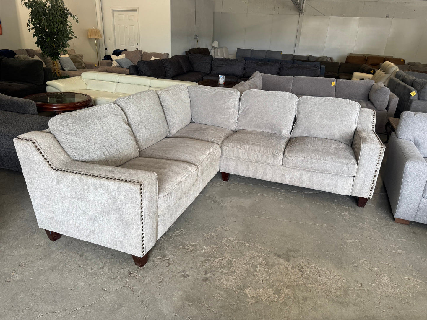 Gray & Beige L-Shaped Sectional with Nailhead Trim