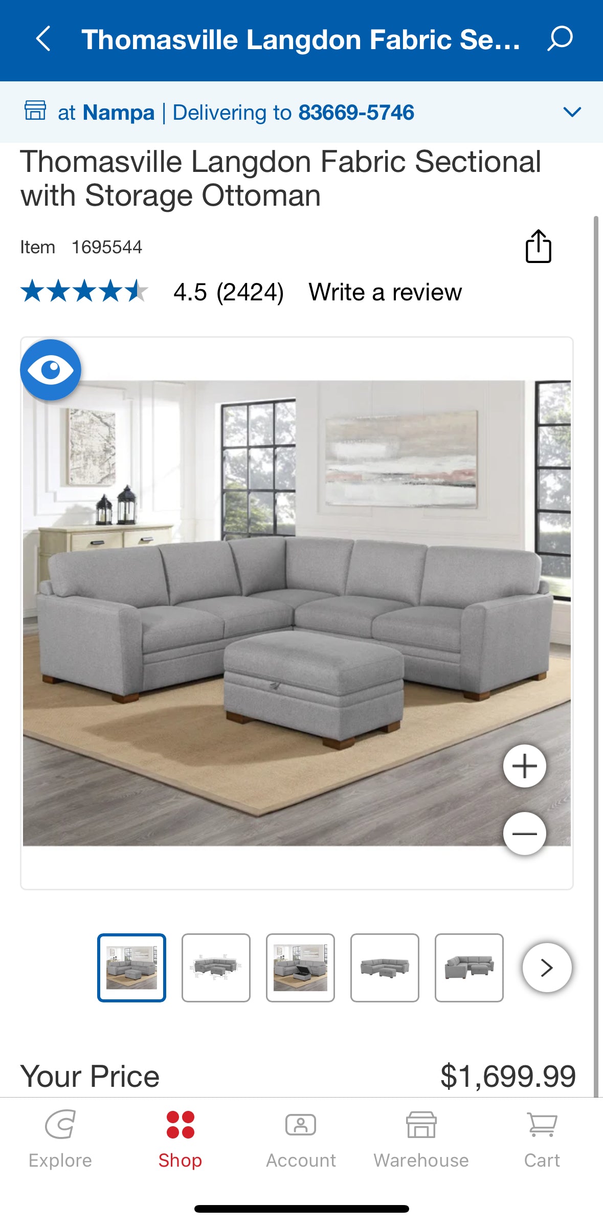 LIKE NEW Costco “Langdon” Sectional - Gray L Shape Sectional with Storage Ottoman