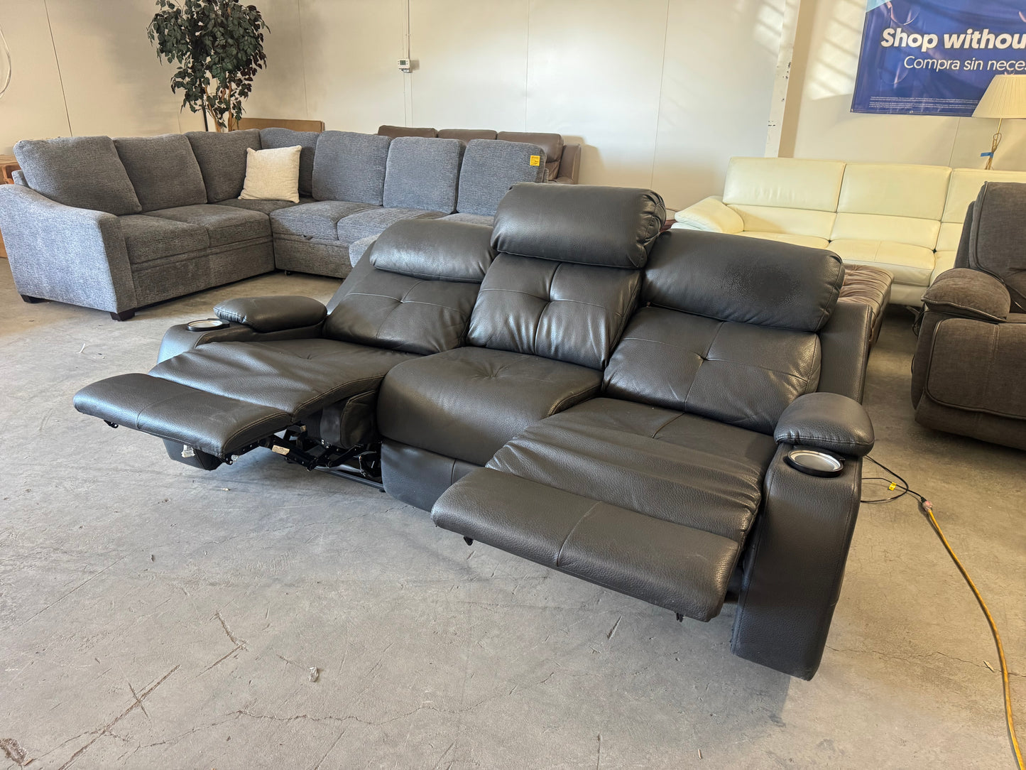 Gray Faux Leather Power Reclining Sofa with Drop-Down Console