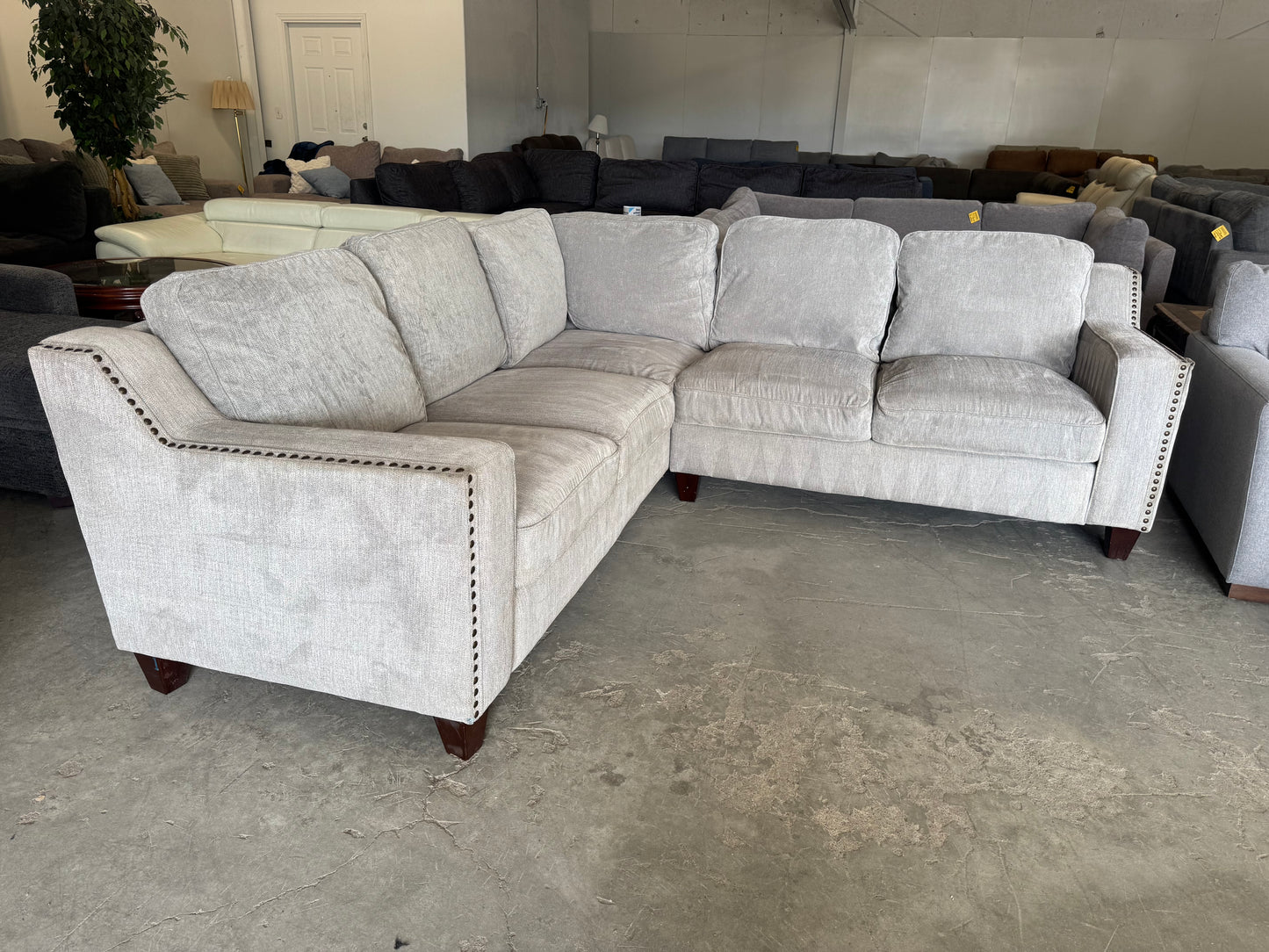 Gray & Beige L-Shaped Sectional with Nailhead Trim