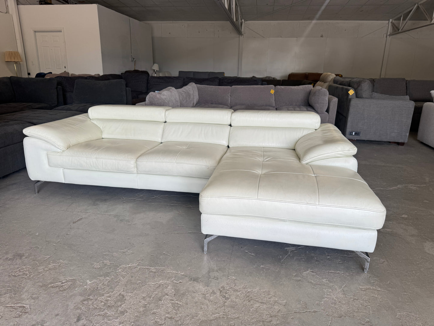 White Mid Century Modern Leather Chaise Sectional