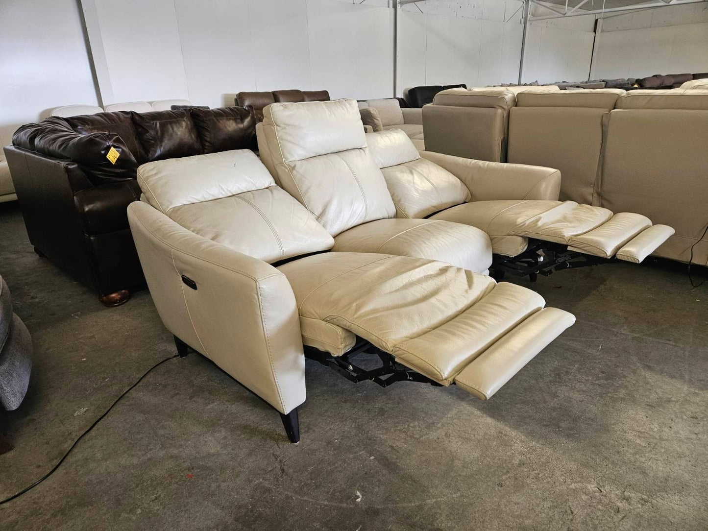 Cream Leather Power Reclining Sofa