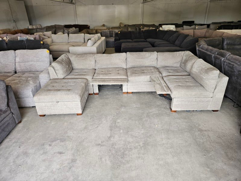 Gray Modular Sectional with Power Recliners & Storage Ottoman