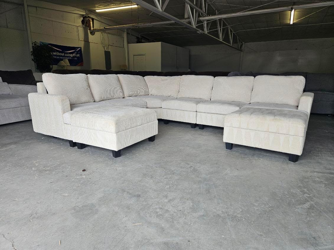 Cream Corduroy Modular Sectional with Dual Storage Ottomans