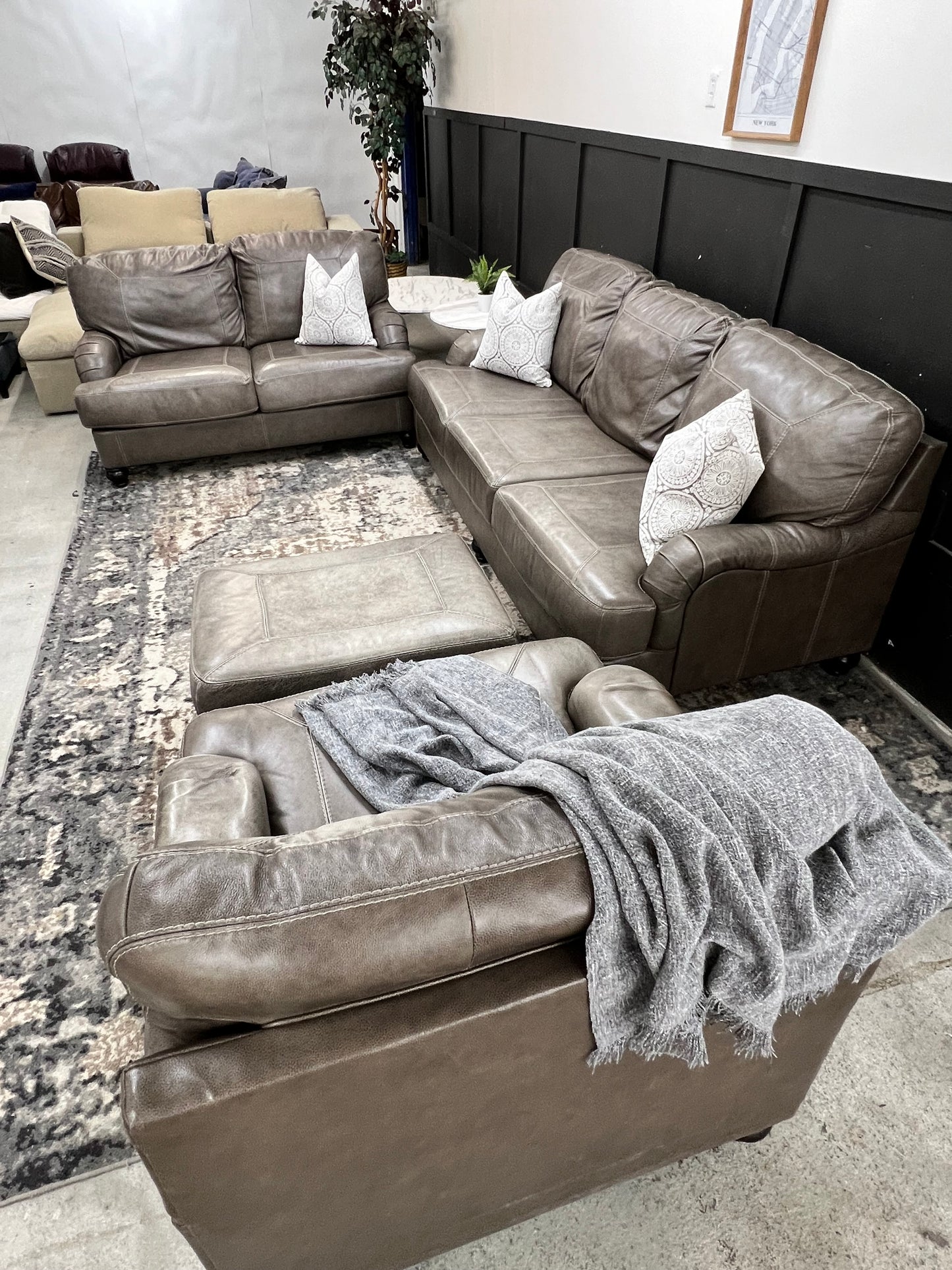 Gray Leather Couch Loveseat Armchair and Ottoman 4 Piece Living Room Set