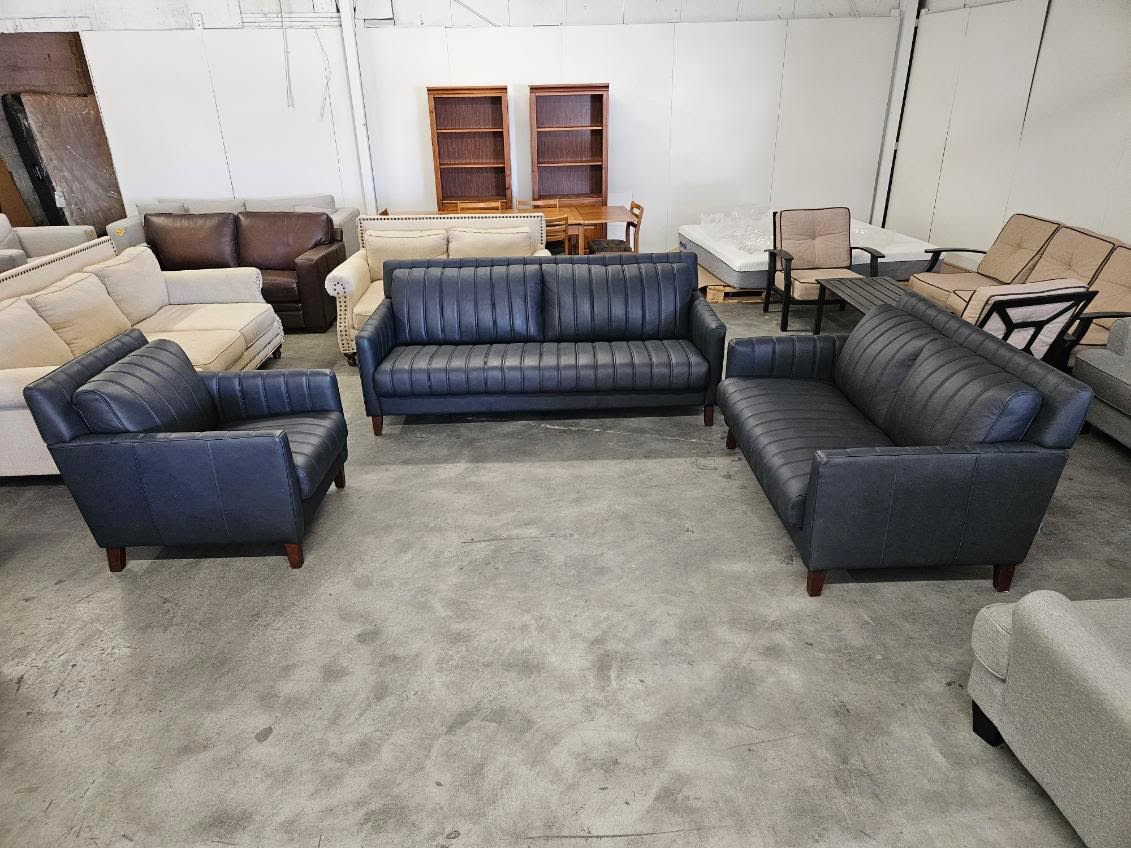 Blue Leather Sofa, Loveseat & Armchair Set