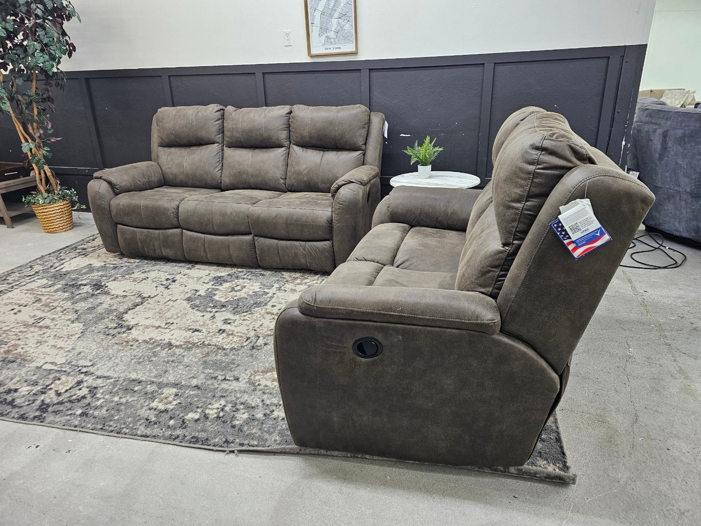 Like-new Brown Microfiber Couch and Loveseat Reclining Set (still has tags - made in USA)