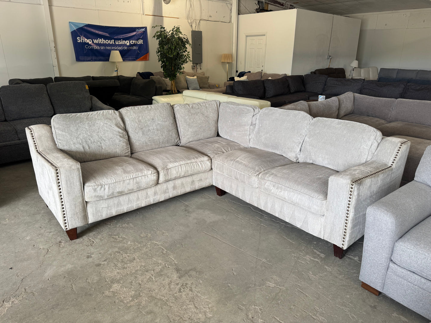 Gray & Beige L-Shaped Sectional with Nailhead Trim