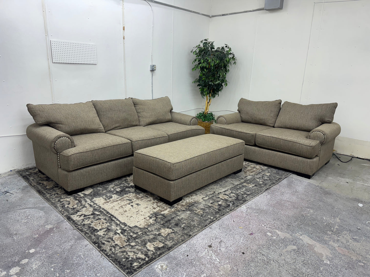 Brown Sofa & Loveseat w/ Ornate Trim