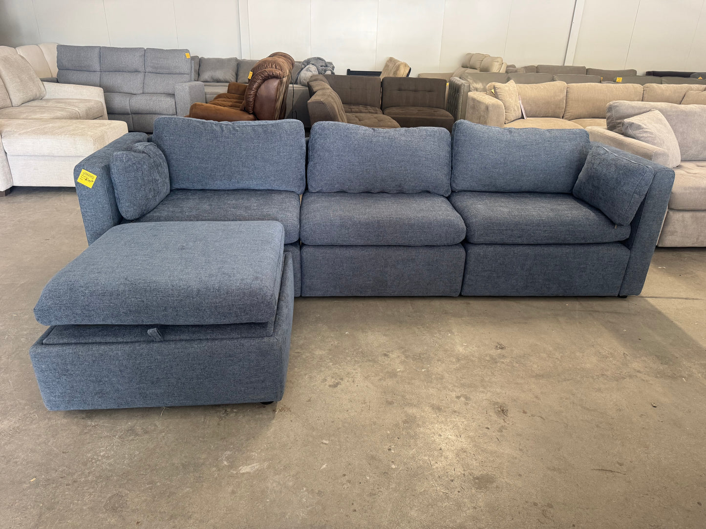 Denim Blue Modular Sofa with Storage Ottoman