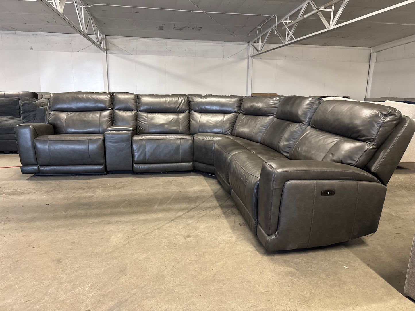 Dark Gray Leather 6-Piece Power Reclining Sectional w/ Power Headrests