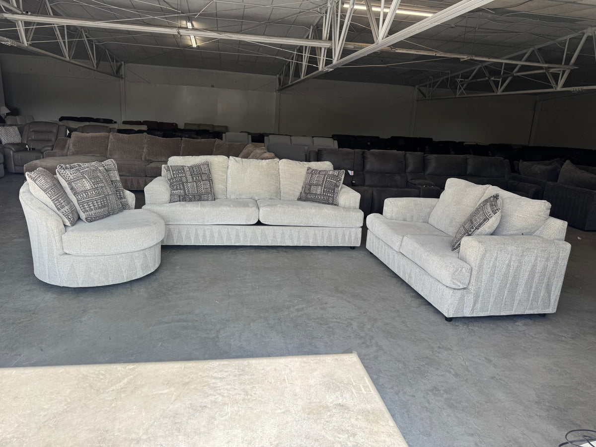 Living Room Set – Plush Beige Sleeper Sofa, Loveseat & Barrel Chair