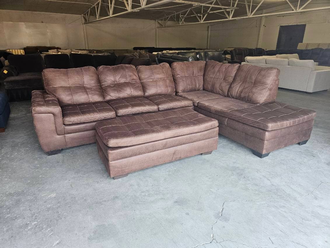Brown L-Shaped Sectional with Ottoman