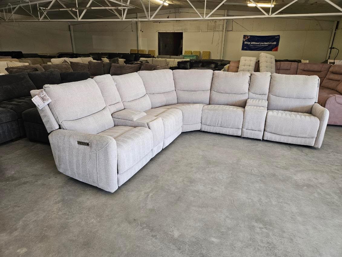 Light Gray Modular Fabric Power Reclining Sectional w/ Power Lumbar & Headrests