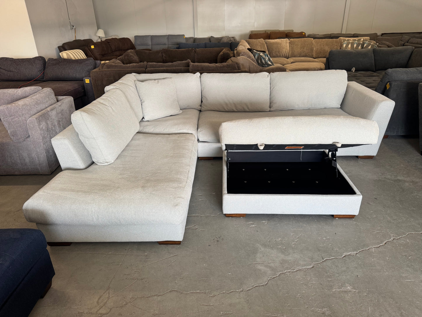 Gray/Beige Down-Filled Sectional Sofa with Oversized Chaise & Storage Ottoman