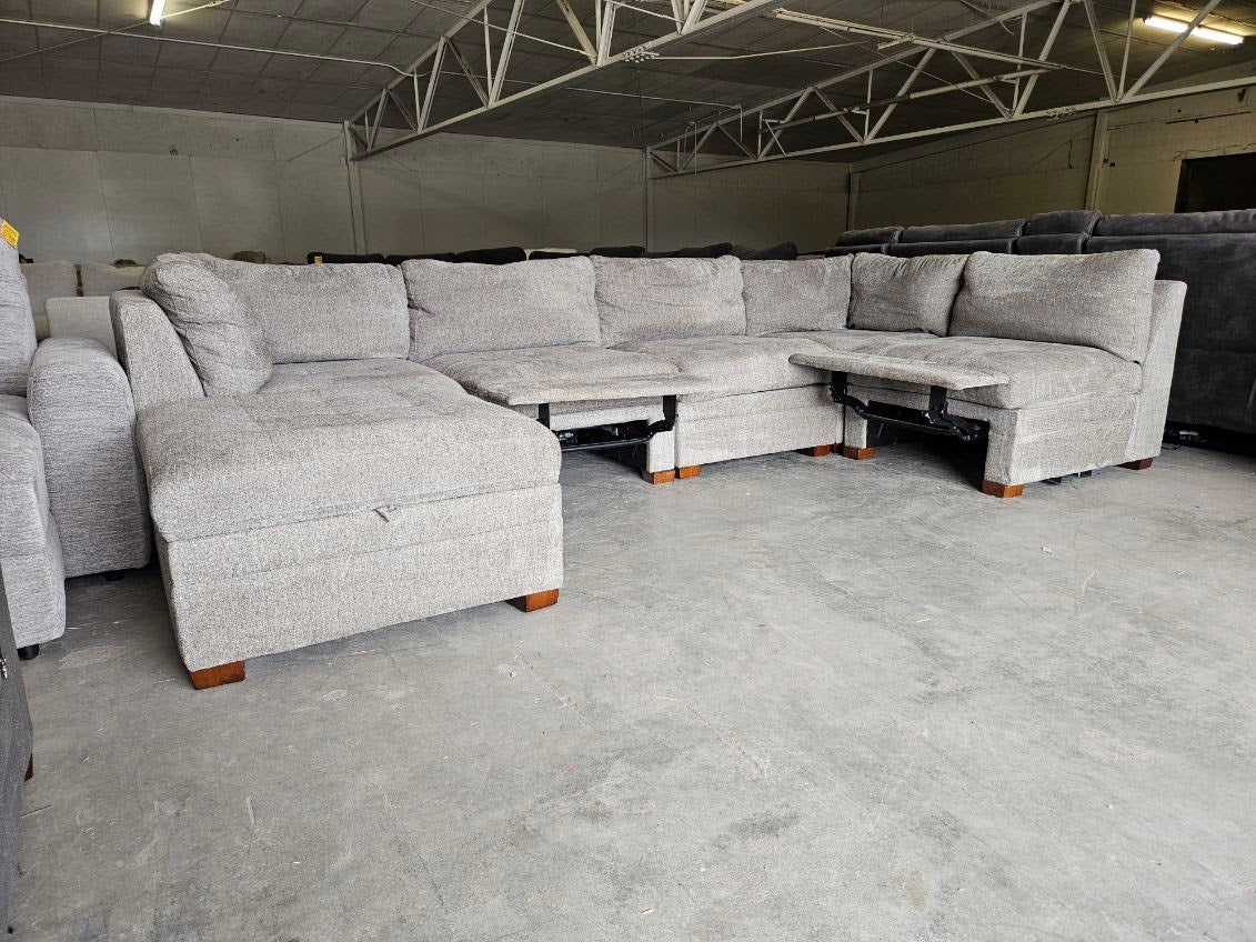 Gray Modular Sectional with Power Recliners & Storage Ottoman