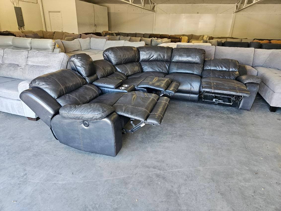 Charcoal Gray Leather Power Reclining Sectional