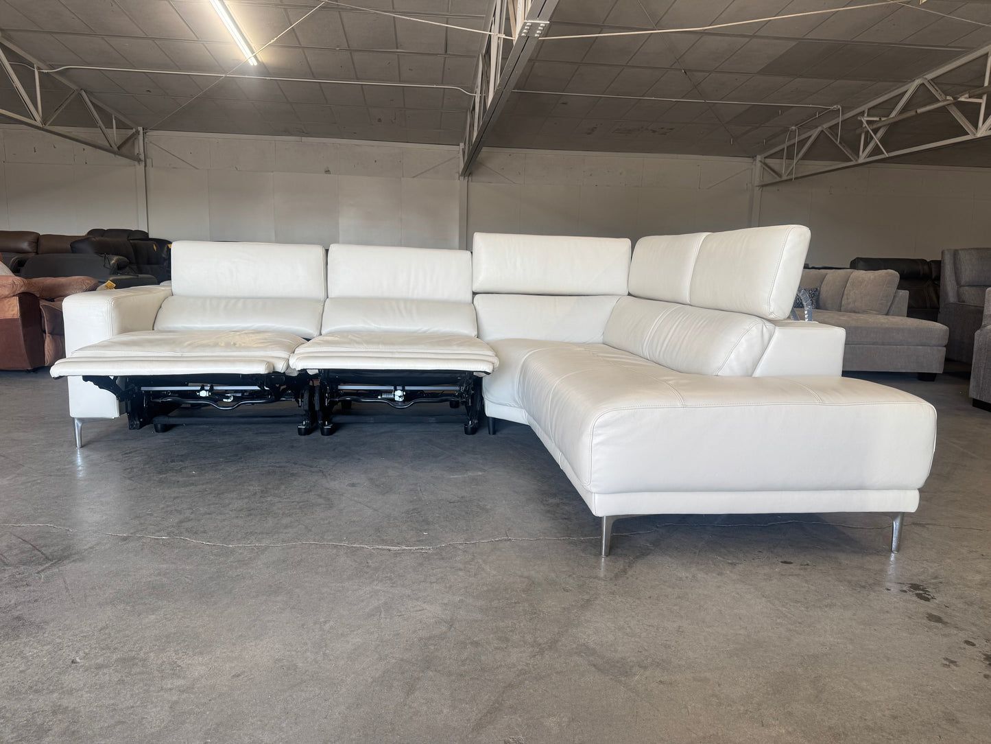 White Leather Power Reclining Sectional with Chaise