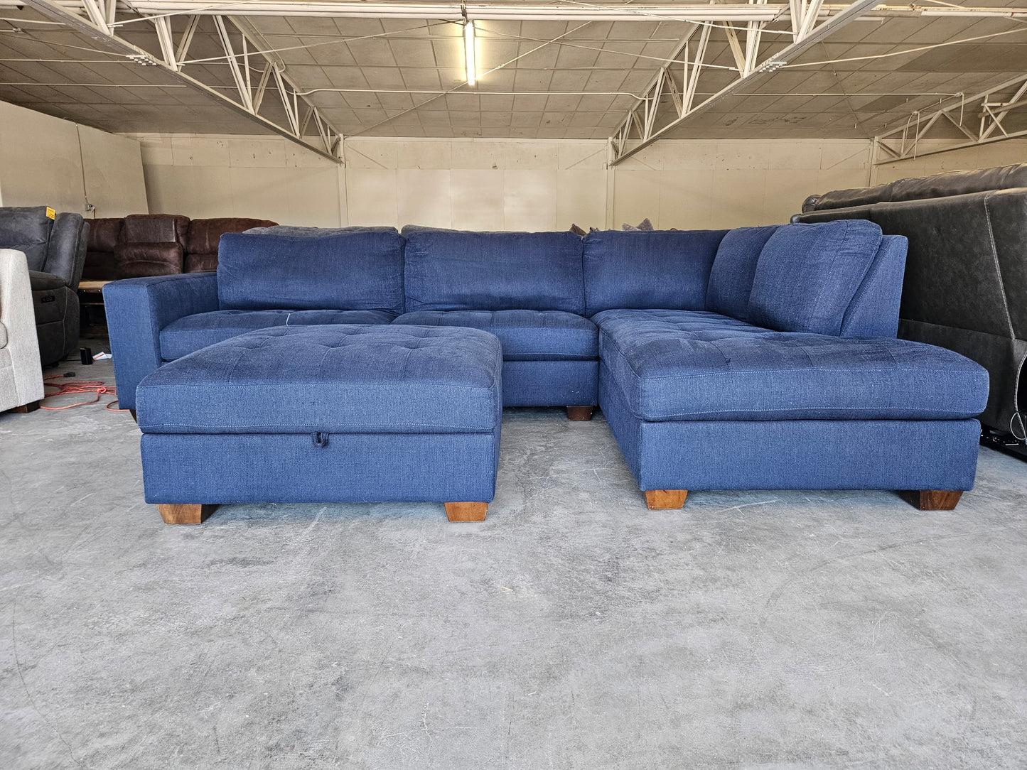 Blue L Shape Sectional with Storage Ottoman