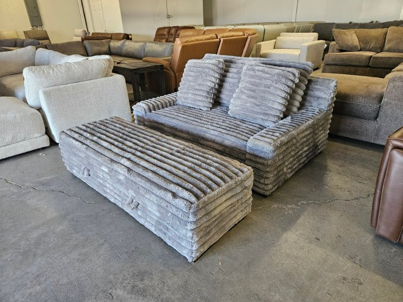 Gray Plush Corduroy Lounger with Storage Ottoman