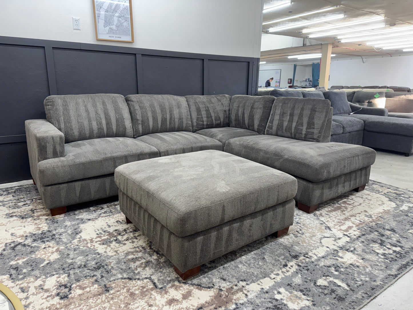 Gray L Shape Sectional Couch and Ottoman