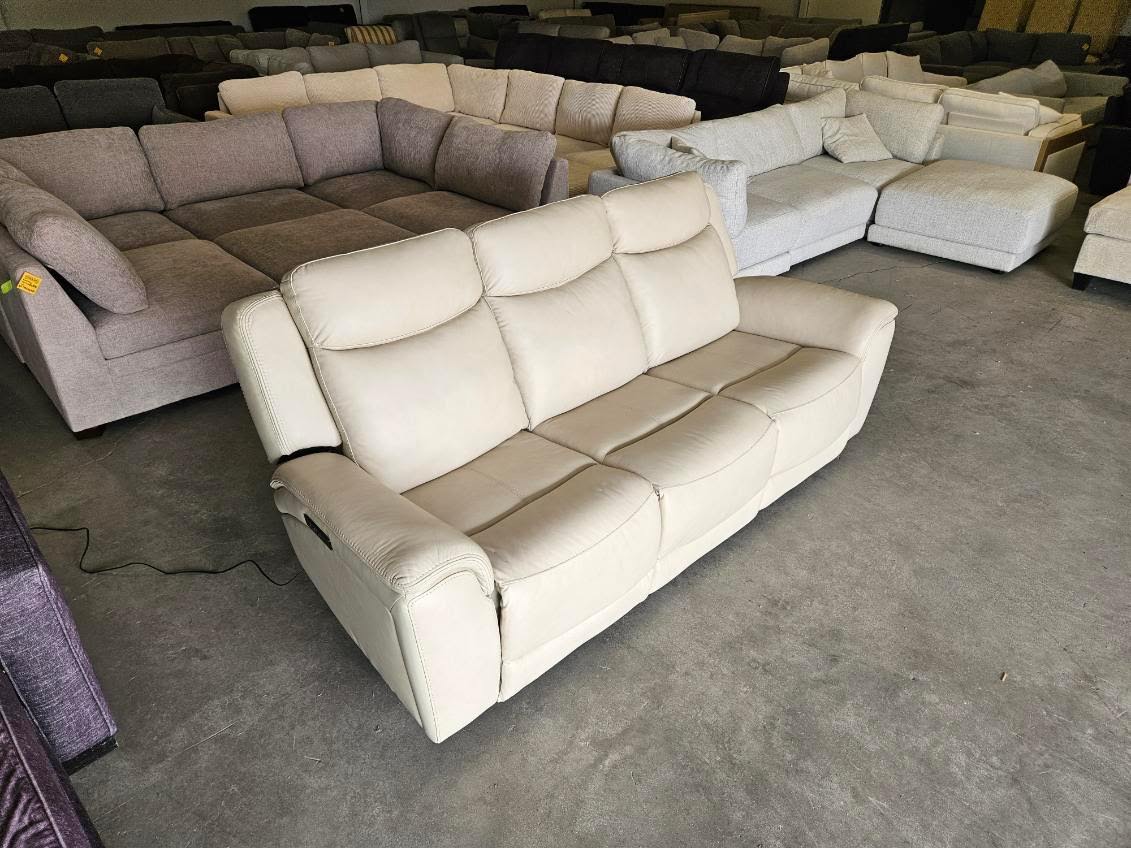 Cream Leather Power Reclining Sofa with Power Headrests