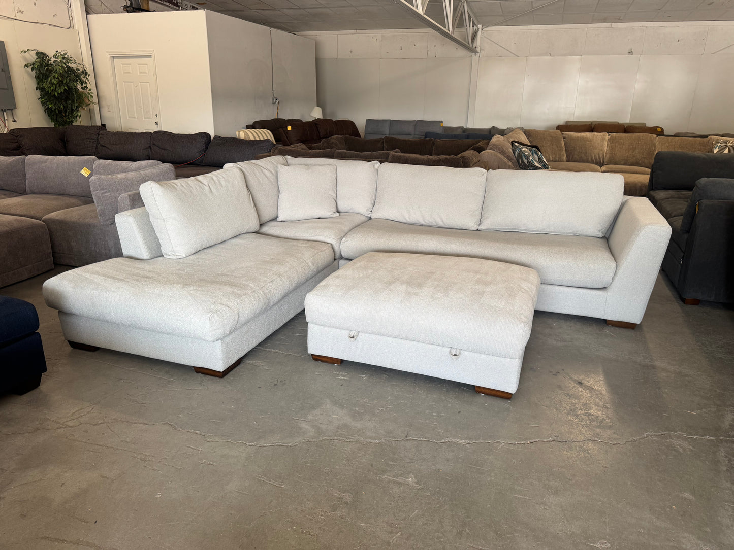 Gray/Beige Down-Filled Sectional Sofa with Oversized Chaise & Storage Ottoman