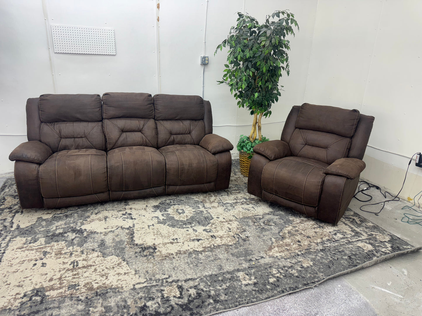 Couch & Recliner Set – Brown Microsuede Electric Reclining Sofa and Armchair