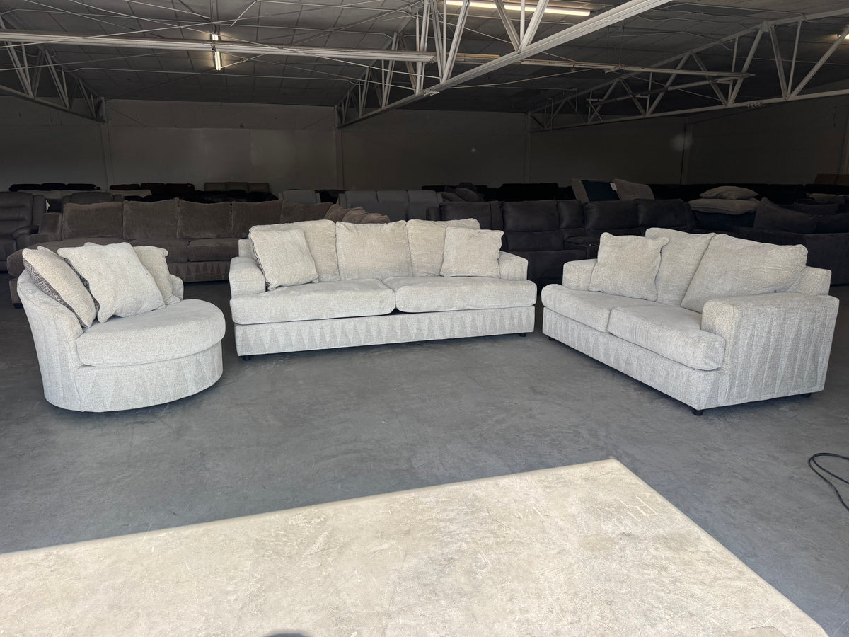 Living Room Set – Plush Beige Sleeper Sofa, Loveseat & Barrel Chair
