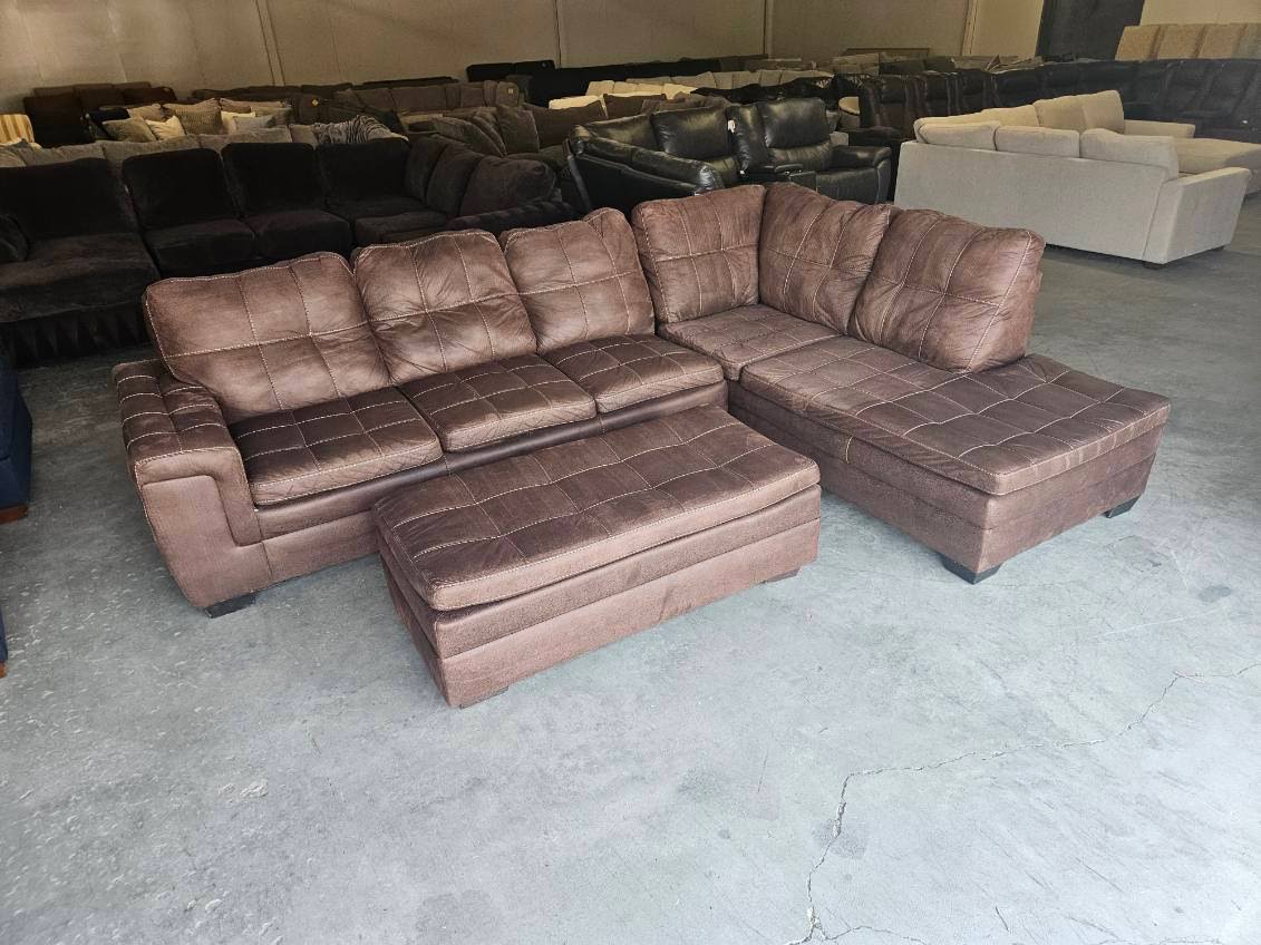 Brown L-Shaped Sectional with Ottoman
