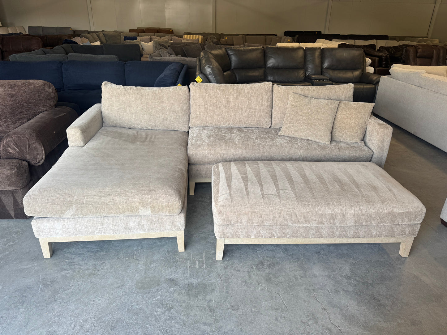 Down-Filled Mid-Century Modern Taupe Fabric L-Shape Sectional with Ottoman