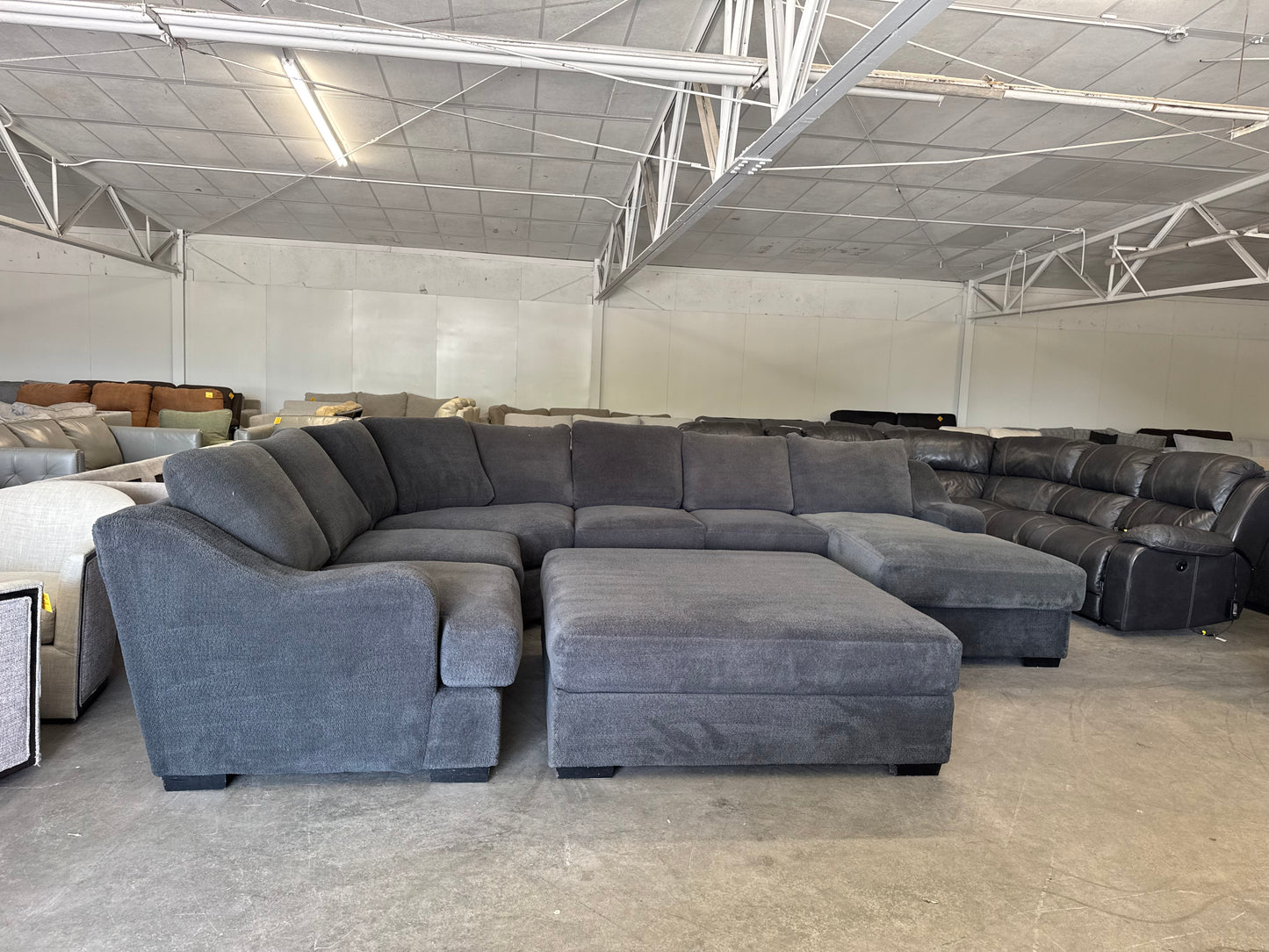 Oversized Charcoal Gray Plush Sectional with Ottoman