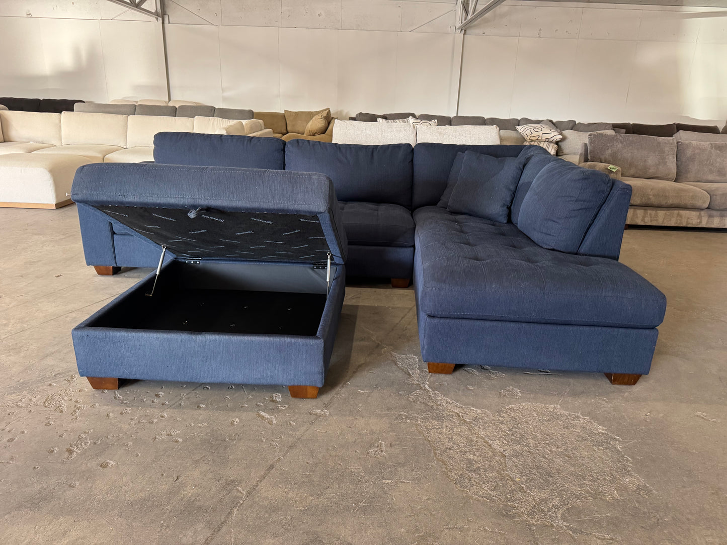Blue L Shape Sectional with Storage Ottoman