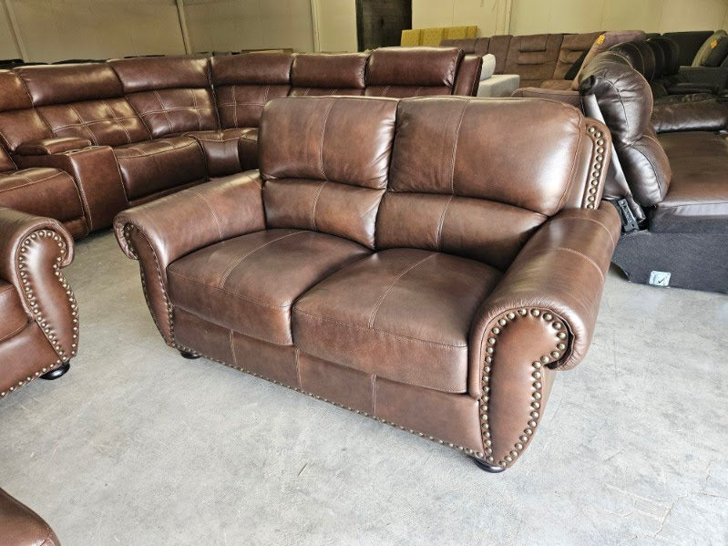 Brown Leather Living Room Set with Couch, Loveseat, Chair + Ottoman