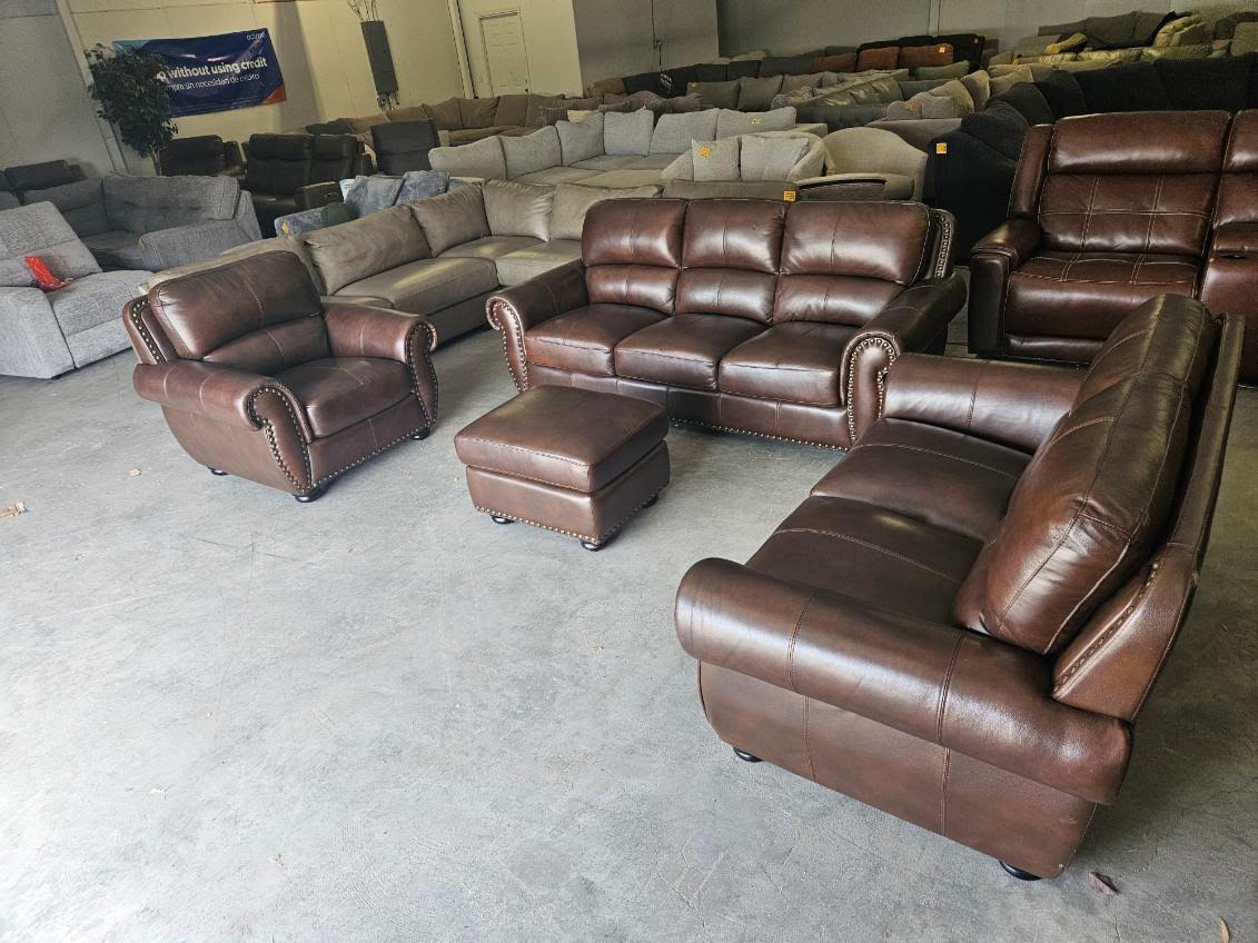 Brown Leather Living Room Set with Couch, Loveseat, Chair + Ottoman
