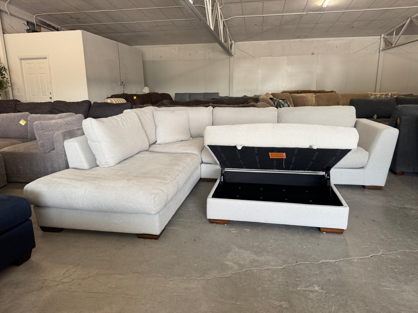 Gray/Beige Down-Filled Sectional Sofa with Oversized Chaise & Storage Ottoman
