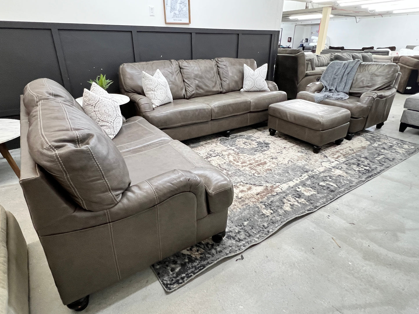 Gray Leather Couch Loveseat Armchair and Ottoman 4 Piece Living Room Set