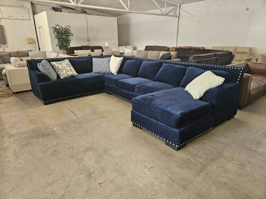 Gigantic Blue U-Shaped Sectional with Ornate Nailhead Trim & Chaise