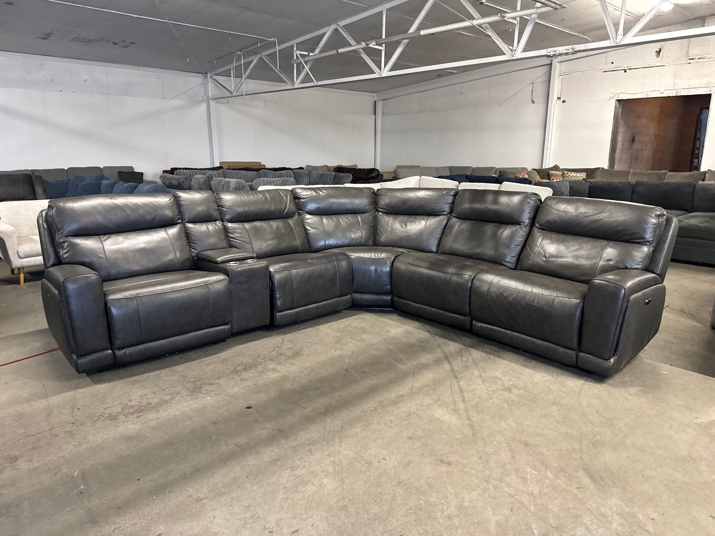 Dark Gray Leather 6-Piece Power Reclining Sectional w/ Power Headrests