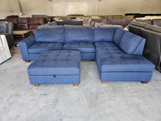 Blue L Shape Sectional with Storage Ottoman