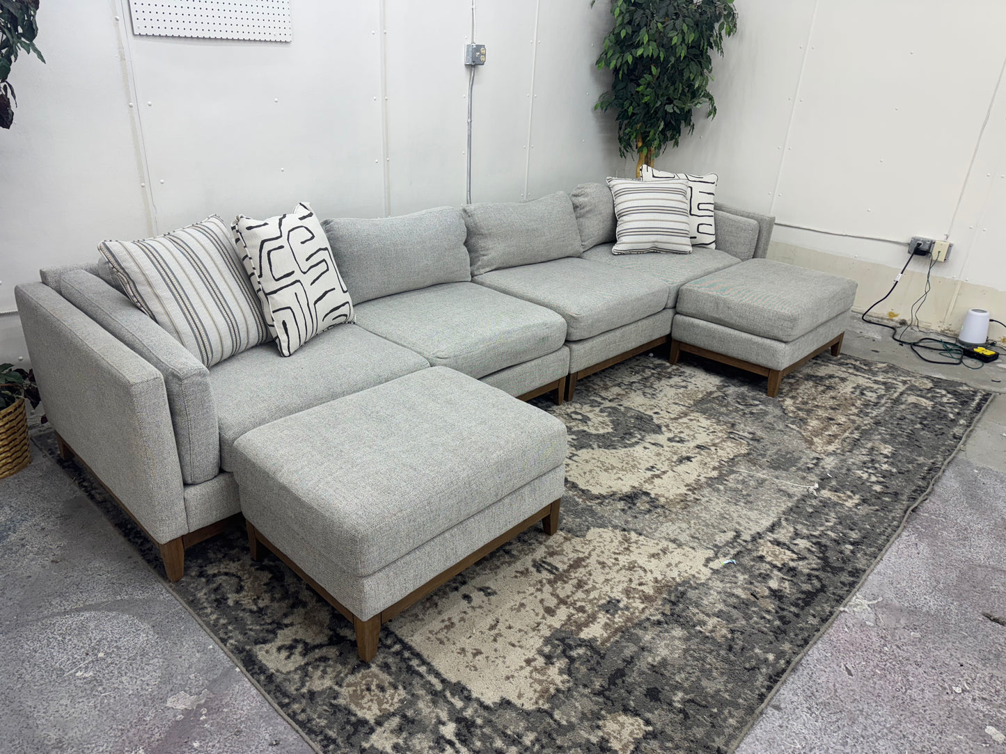 Huge Light Gray Mid-Century Modern Sofa w/ Two Ottomans