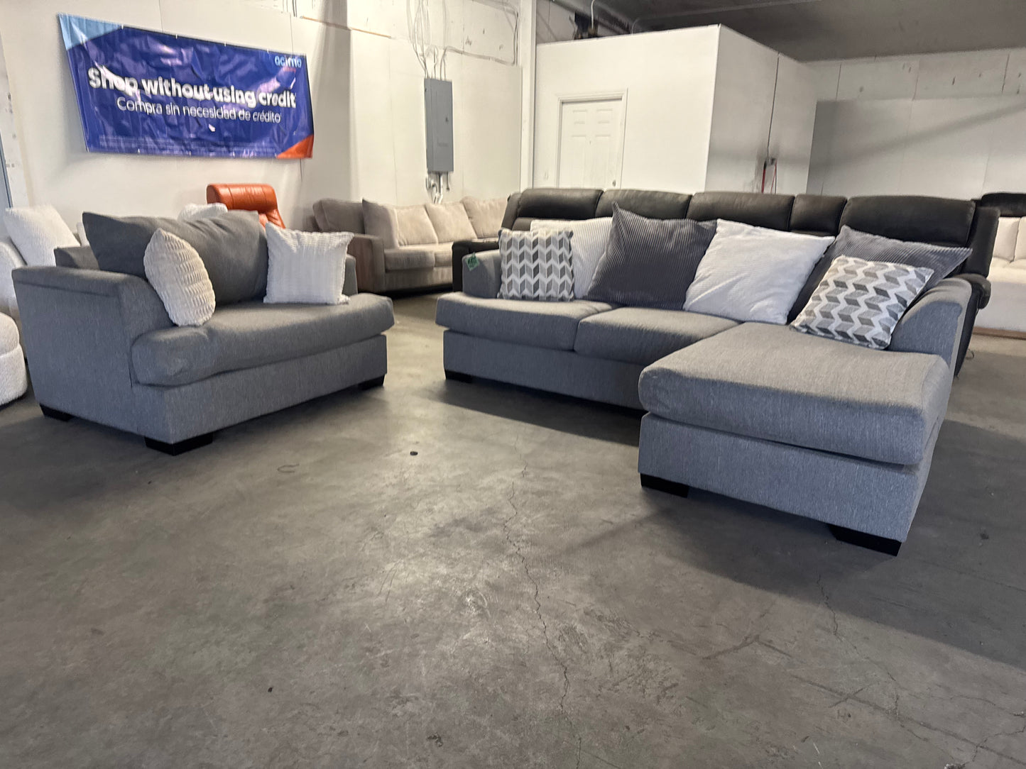 Gray Fabric Sectional with Reversible Chaise + Large Chair Set