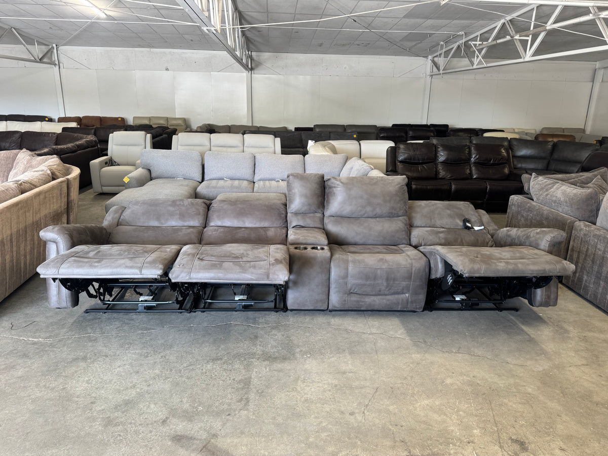 Modular Brown/Gray Power Reclining Theater Sofa w/ Adjustable Headrest
