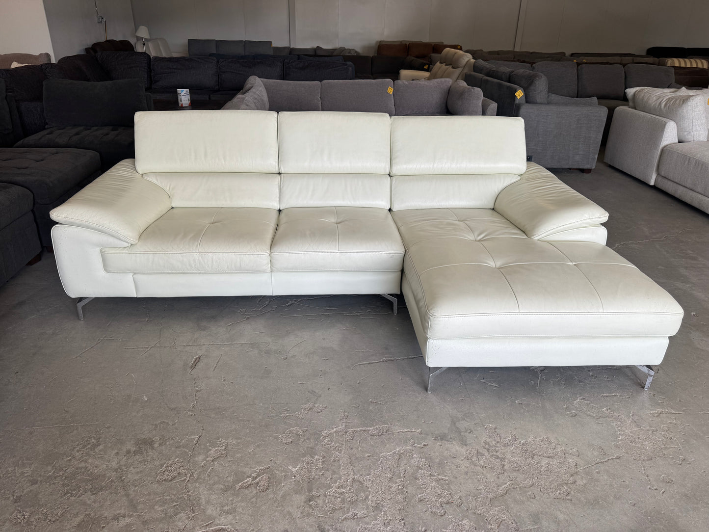 White Mid Century Modern Leather Chaise Sectional