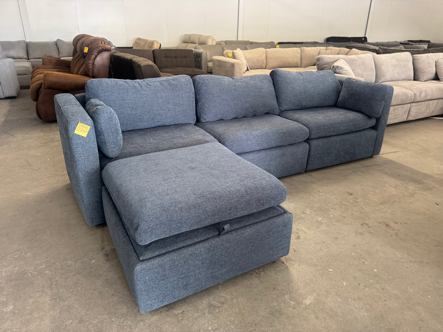 Denim Blue Modular Sofa with Storage Ottoman