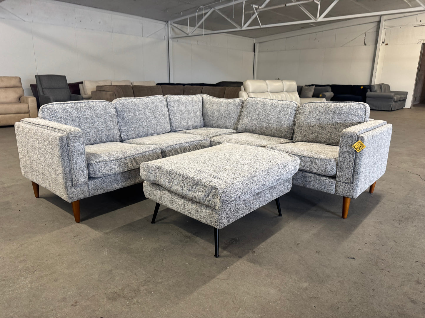 Gray Mid Century Modern Albany Park L Shape Sectional with Ottoman