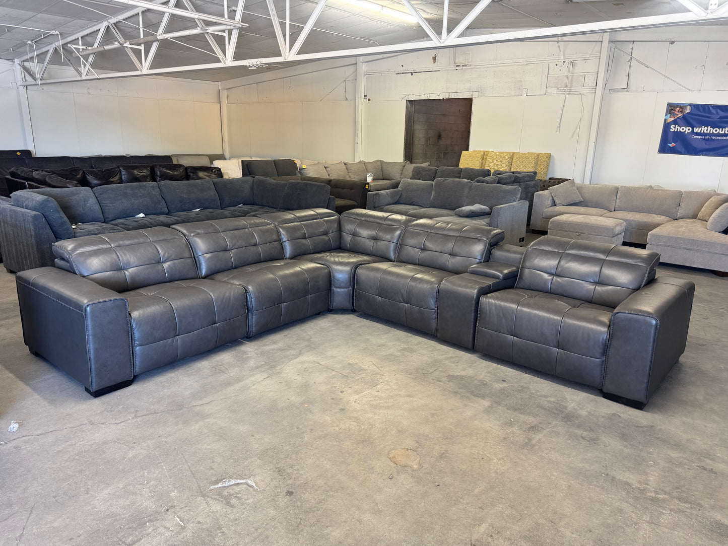 Charcoal Gray Leather 6-Piece Modular Sectional with 3 Power Recliners & Adjustable Headrests