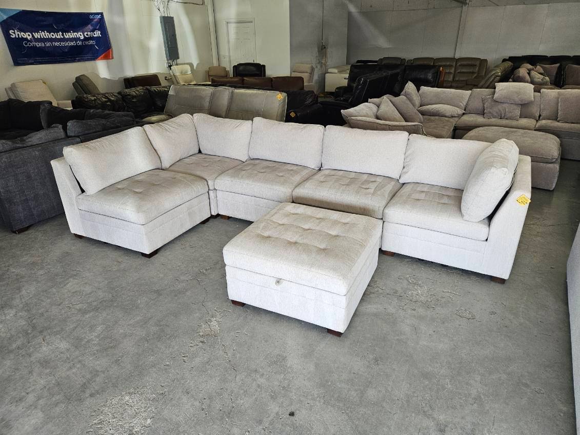 Beige 6 Piece Modular Sectional Sofa with Storage Ottoman